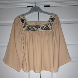 Flying Tomato XS Embroidered Square Neckline Peach Blouse 3/4 Sleeve Boho Womens